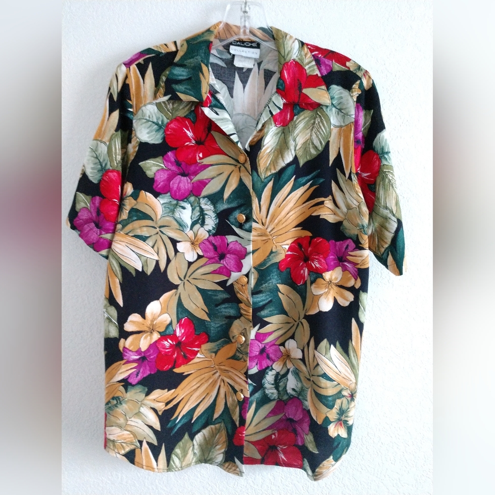 Caliche Collection Womens Floral Hawaiian Camp Shirt Made in USA Small Chest 34"